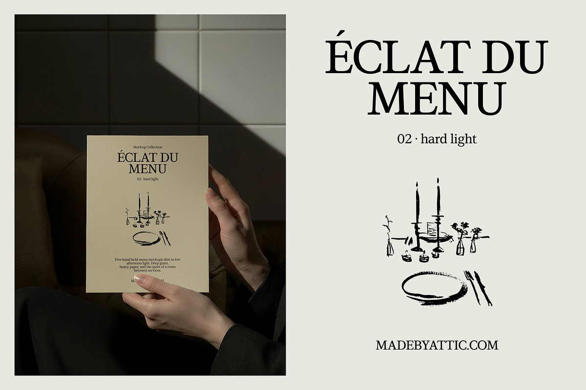 hard light menu mockup : éclat 02, a Merchandise Mockup by Made by Attic (Photo 1 of 3)