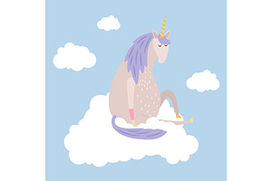 Cartoon Dreaming Unicorn Flies On