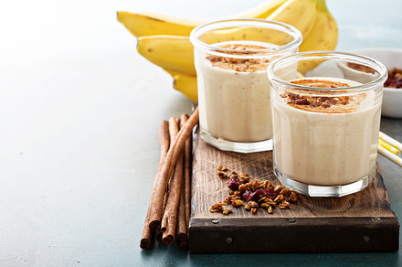 Banana smoothie in mason jars featuring banana, smoothie, and peanut, a Food & Drink Photo by farwasser