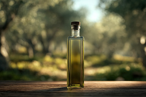 Olive oil bottle standing on a rustic wooden table, with an out, a Photo by Studio ANNA