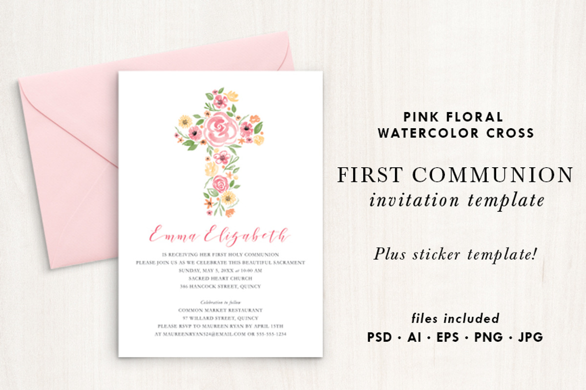 Watercolor Pink Floral Cross Invite, an Invitation Template by La Bella Rue (Photo 1 of 4)