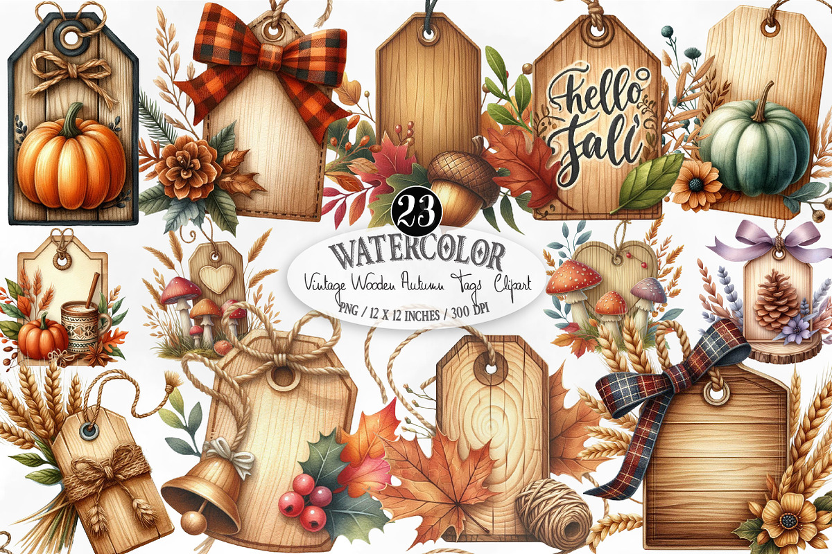 Vintage Wooden Autumn Tags Clipart, an Illustration by Designking (Photo 1 of 4)