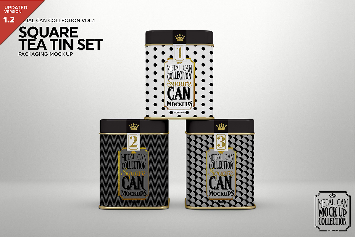 Square Tea Tin Set Packaging Mockup, a Cups & Container Mockup by INCDesign (Photo 1 of 6)