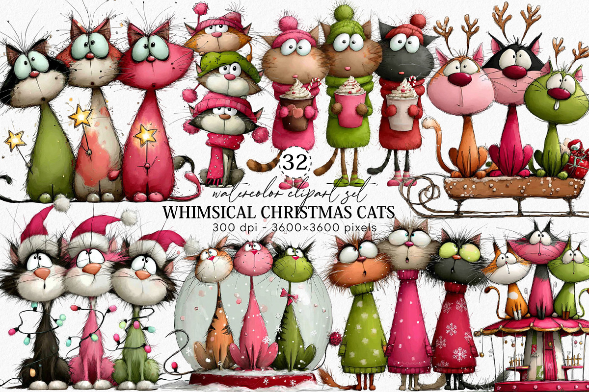 Whimsical Christmas Cats Clipart, an Illustration by Canvas Craft (Photo 1 of 6)