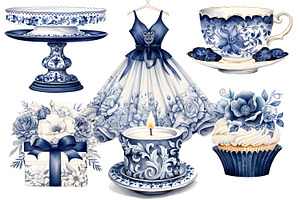 Blue Toile Watercolor Tea Party Set