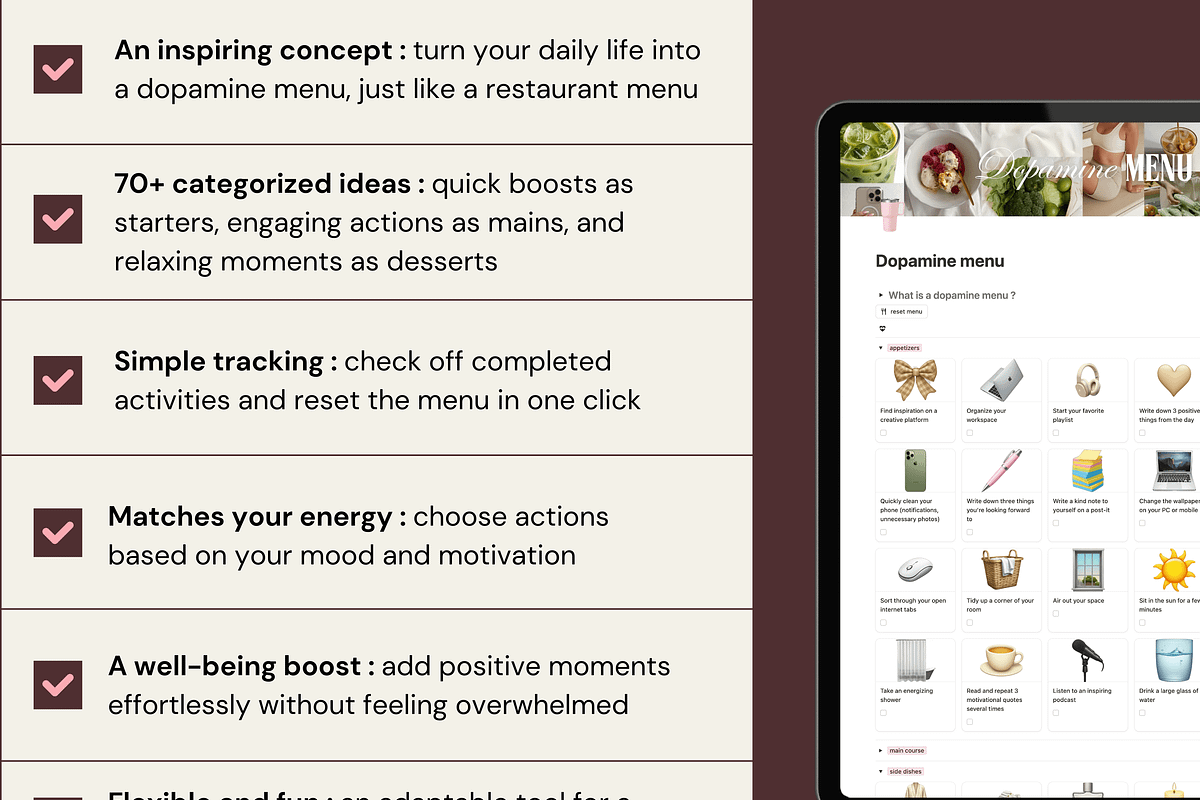 Dopamine menu - Notion template, an App Template by Iasan Design (Photo 3 of 6)