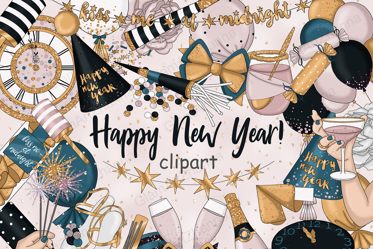 Happy New Year Gold Clipart, a Seasonal Illustration by GlamArtZhanna (Photo 1 of 4)