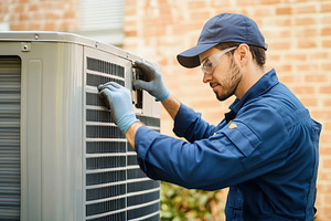Technician checking air conditioner near the house, an Industrial Photo by AlyaAnd