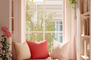 Window Nook with Cushions and Coffee, an Architecture Photo by Ocean Digital Art