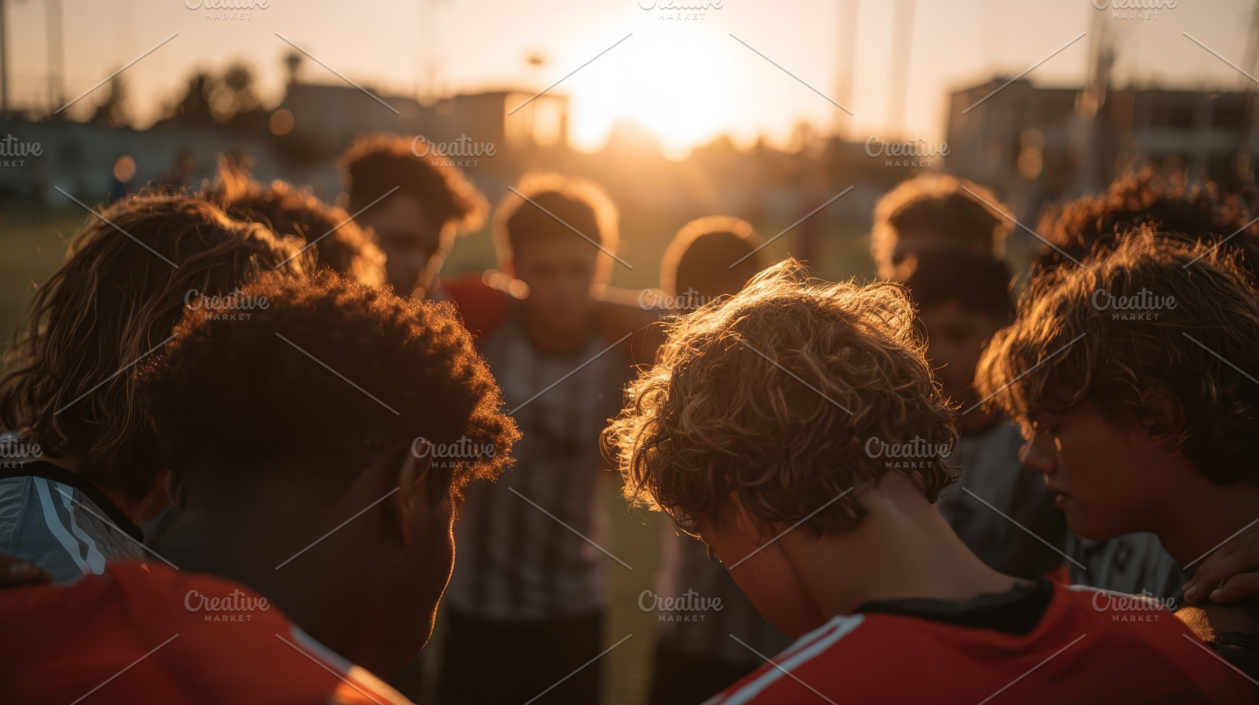 Young soccer team huddle sunset gold, a Photo by Pixeness Studio