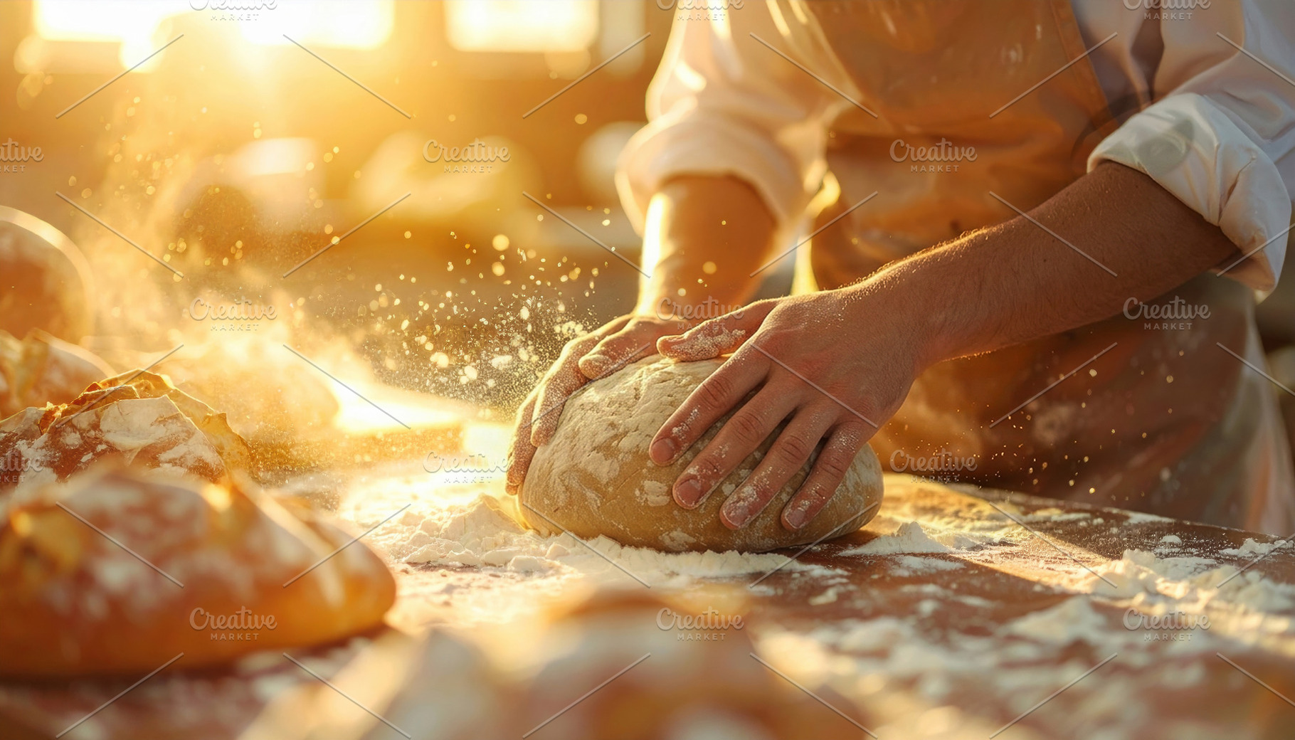 Baker Kneading Dough in Warm Sunrise Light, a Food & Drink Photo by Davizro's Market