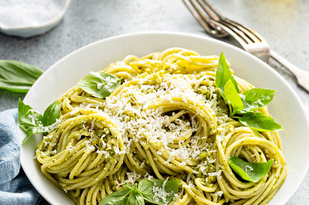 Basil pesto pasta with parmesan and olive oil