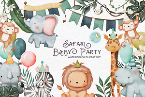 Watercolor Safari Baby Party Clipart