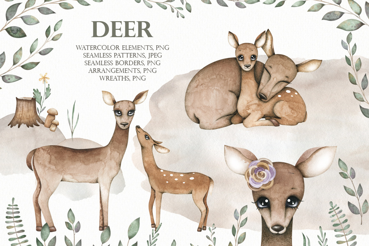 Watercolor deer set, an Animal Illustration by OrangePeafowlArt (Photo 1 of 12)