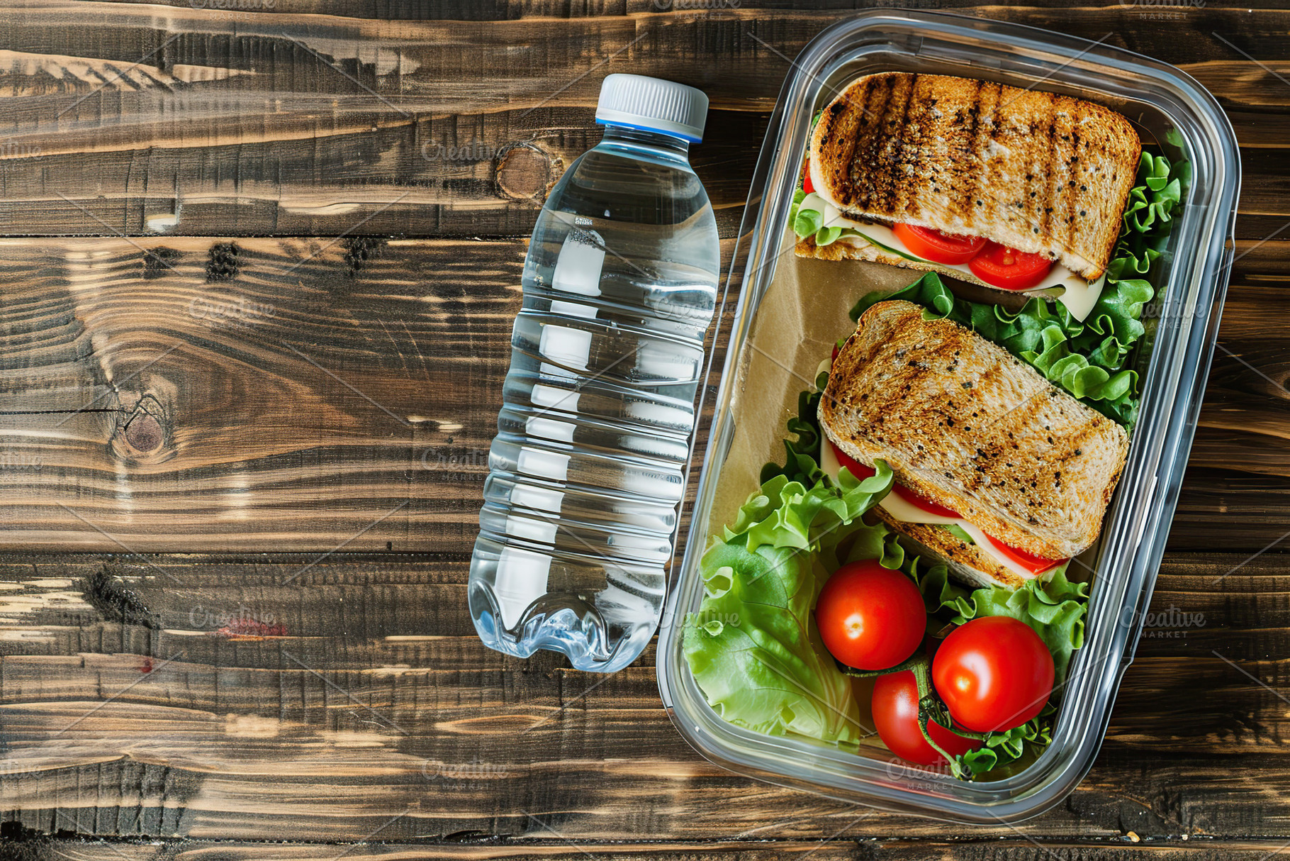 School lunch box with tasty sandwich and bottle of water on wood, a Food & Drink Photo by AlyaAnd