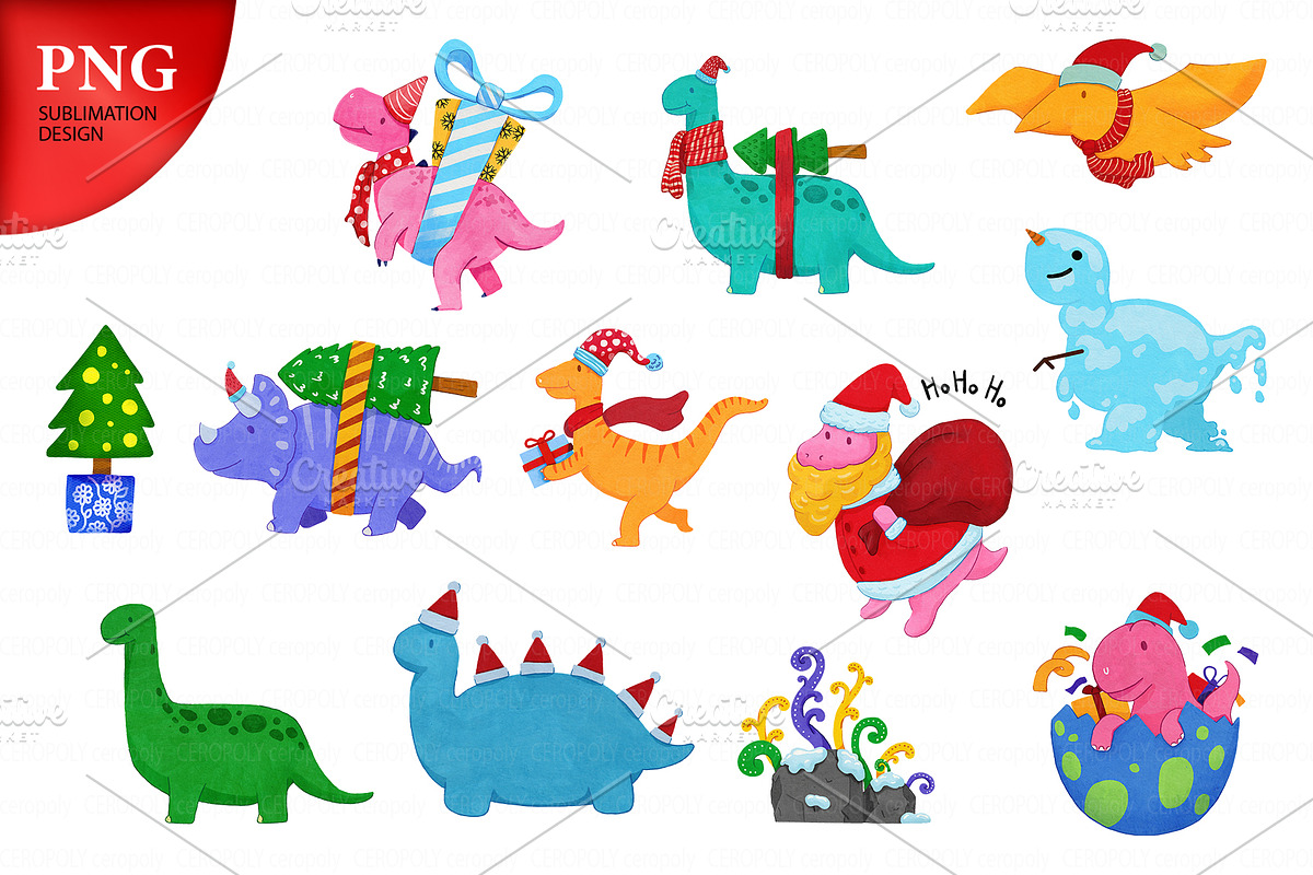 Dinosaur Christmas Watercolor Png, a Decorative Illustration by Feelplus Creator (Photo 2 of 5)