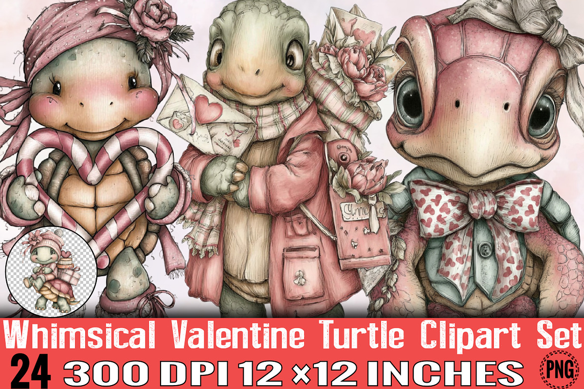 Whimsical Valentine Turtle Clipart S, an Illustration by SVGArt (Photo 1 of 7)