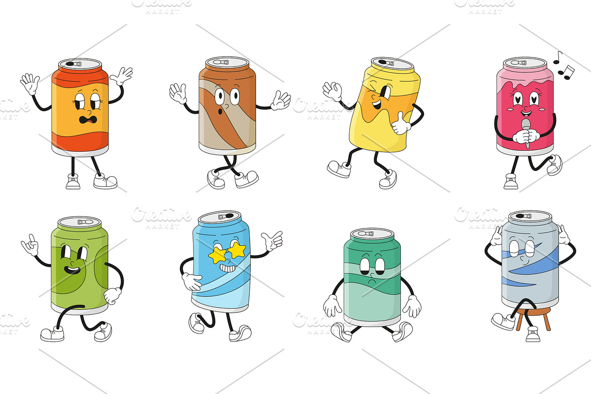 Retro drink can characters. Groovy, a Food Illustration by Valerie Bodnar