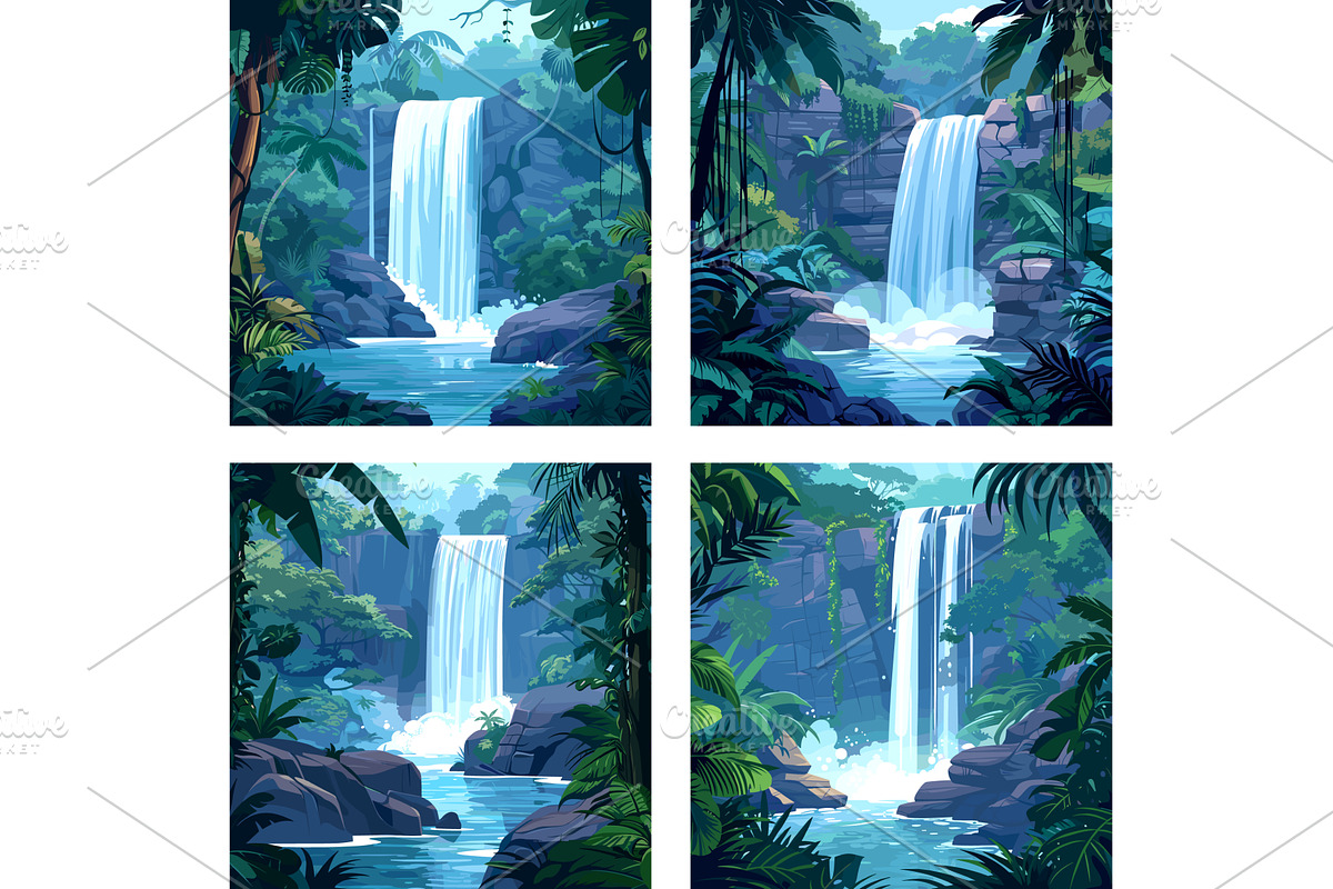 Tropical waterfall cartoon vector, an Illustration by Onyx