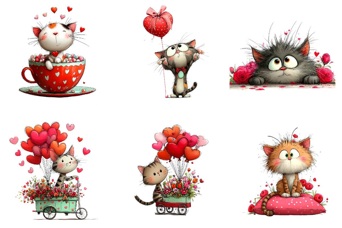 watercolor cute valentines kittens c, an Illustration by CreationArt (Photo 3 of 6)