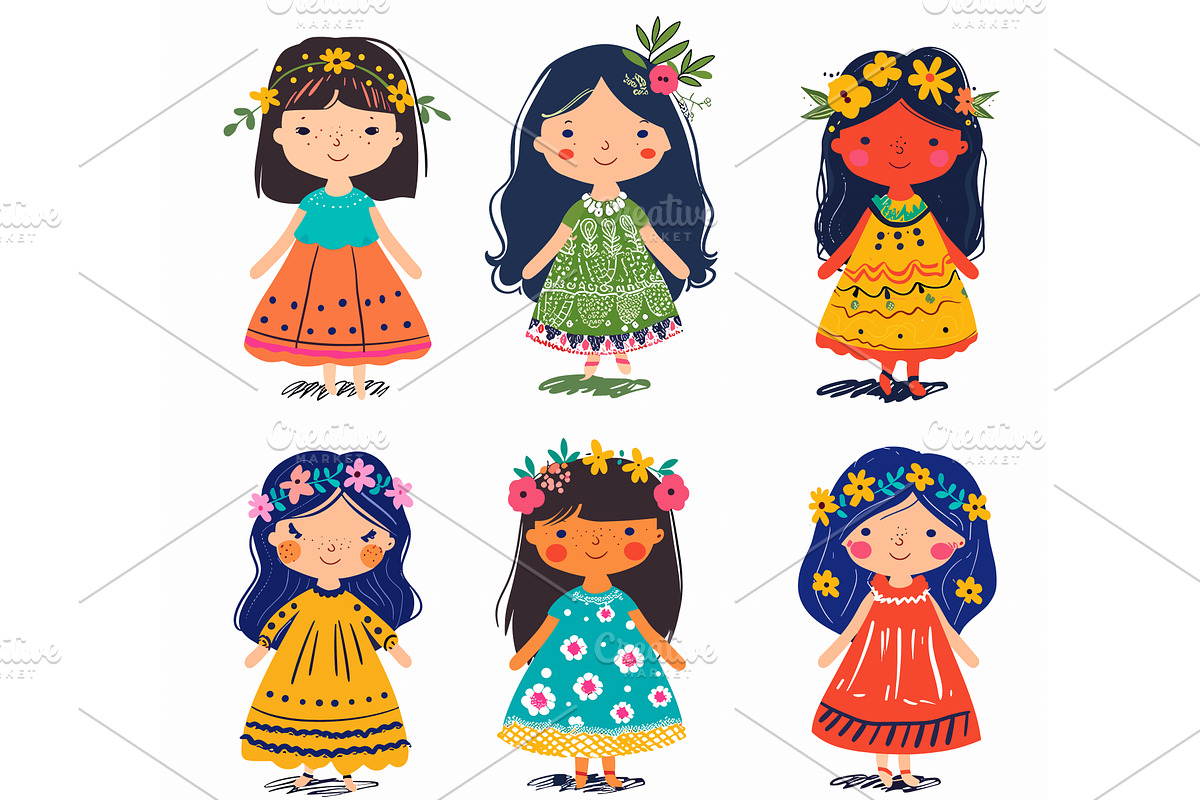Six diverse cartoon doll girls, a Person Illustration by Vectorstockersland