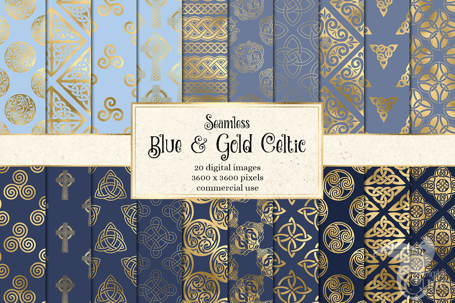 Blue and Gold Celtic Digital Paper, a Pattern Graphic by Digital Curio