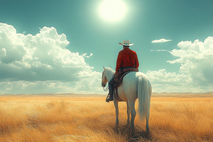 Cowboy riding a white horse in sunli, a Photo by Tanuart