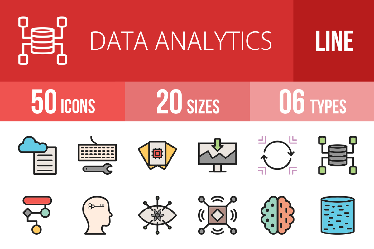 50 Data Analytics Filled Line Icons, an Outline Icon by IconBunny