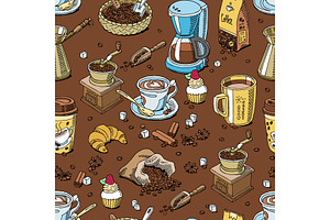 Coffee Set Coffeebeans And Coffeecup Vector Drink Hot Espresso Or Cappuccino In Coffeeshop And Mug With Caffeine In Bar Illustration Seamless Pattern 