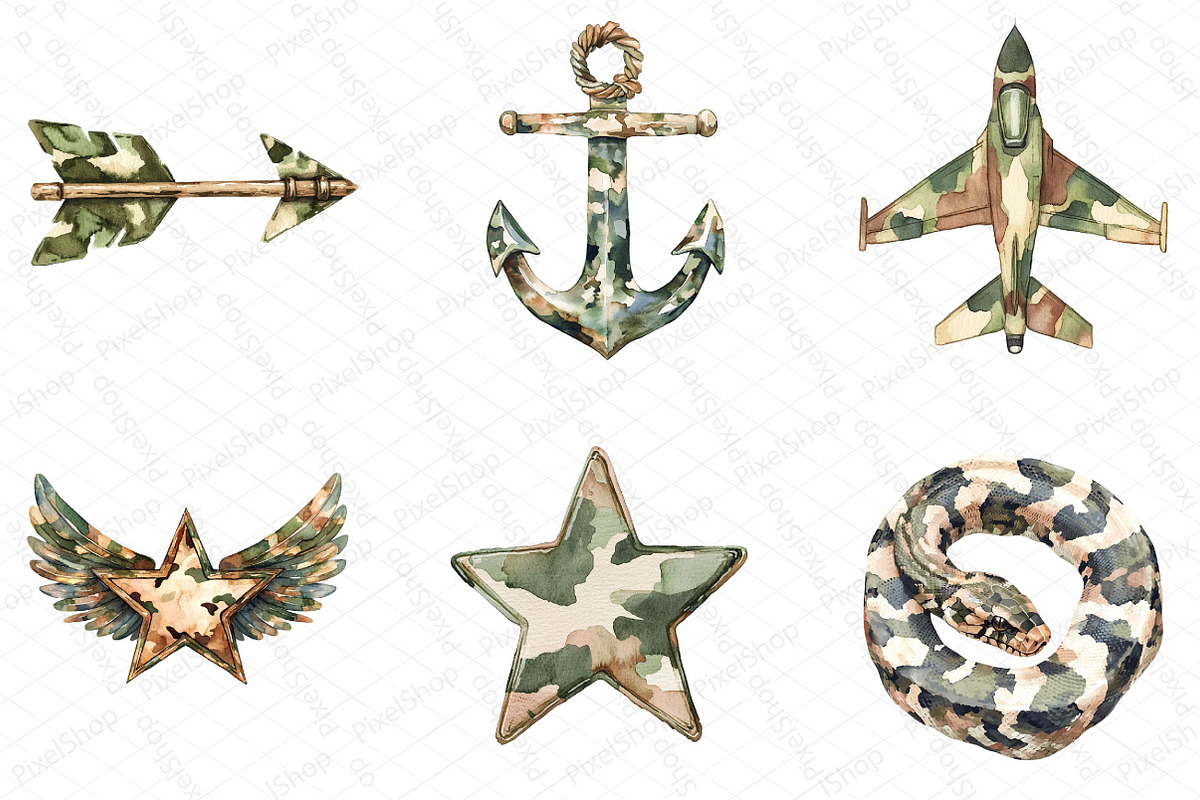 Watercolor Camo Patches Clipart Bund, an Illustration by DreamPrint404 (Photo 2 of 6)