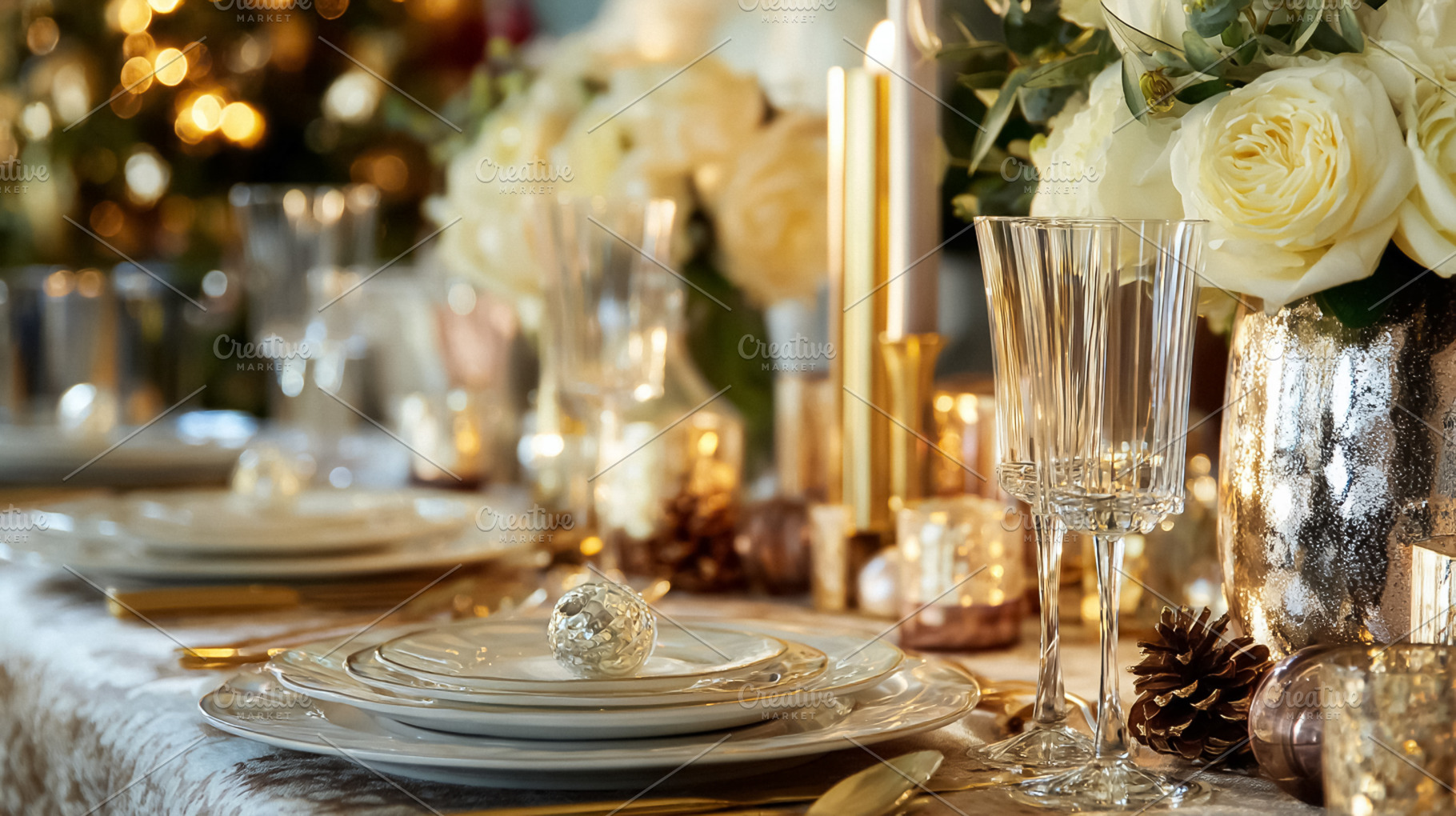 Elegant christmas holiday dinner table setting with white and go, a Photo by Studio ANNA