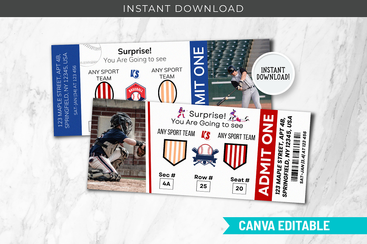 Baseball Ticket Canva Template PDF, a Card Template by Snapybiz (Photo 1 of 10)
