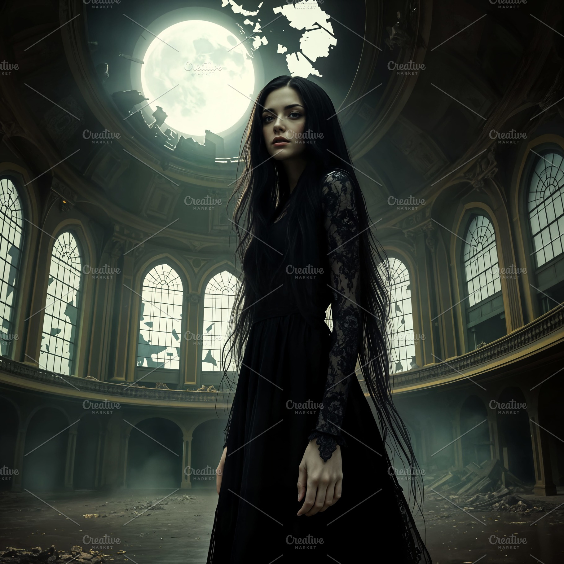 beautiful young goth woman in theatre ruins AI generated, a Photo by WorldOfPhotos