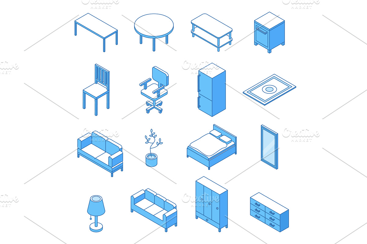 Isometric line home furniture, an Object Illustration by Valerie Bodnar