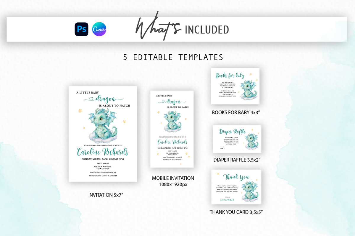 Little Dragon Baby Shower Bundle, an Invitation Template by SvetaArtStore (Photo 4 of 7)