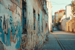 Colorful graffiti adorns old buildin, a Photo by Tanuart
