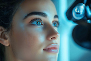 A close-up portrait of a young woman esthetic technologist with striking blue e, a Person Photo by Textures & Backgrounds