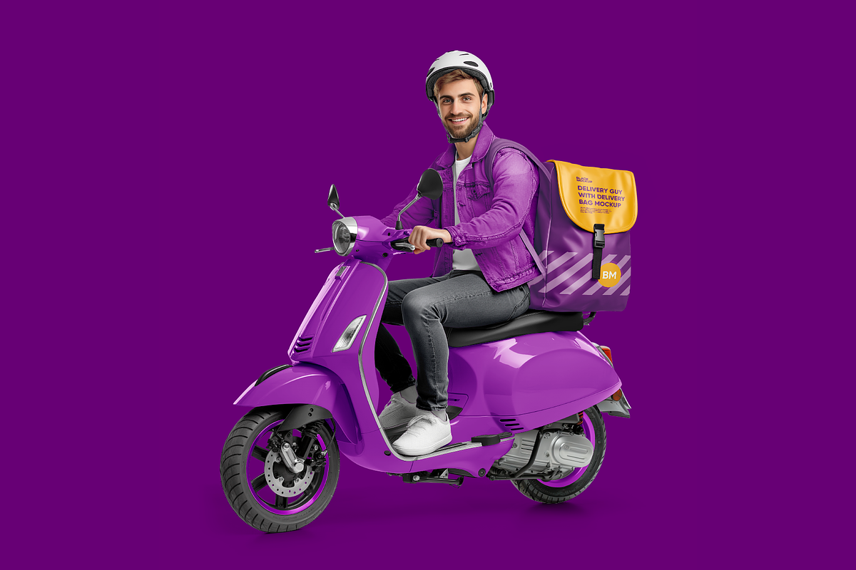 Delivery guy on scooter Mockup, an Advertising Mockup by BlackMockup (Photo 5 of 12)