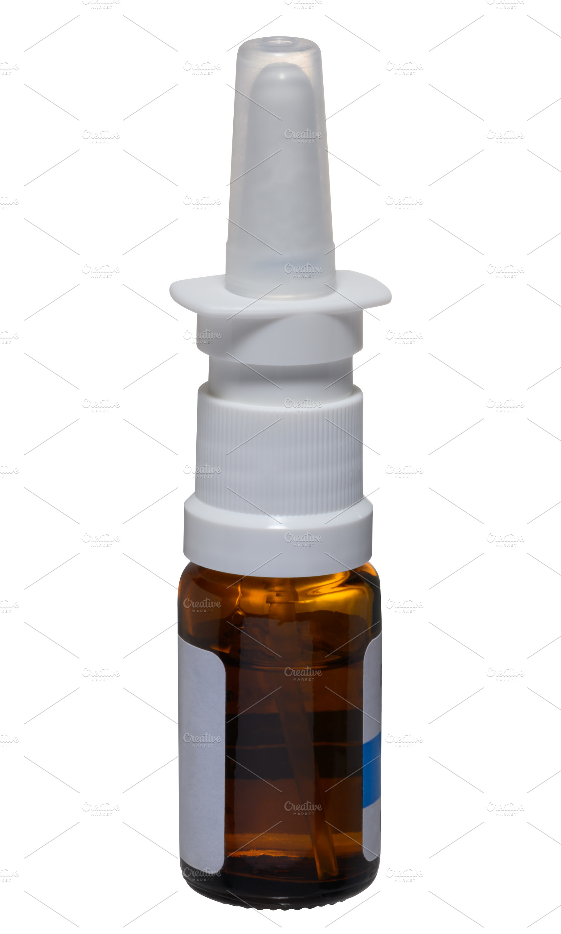 Glass bottle with nasal spray and dispenser on isolated backgrou, a Health & Medical Photo by ndanko