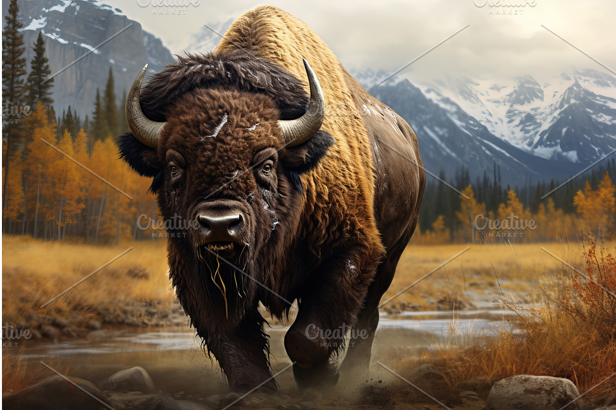 Sun-drenched American bison summer, an Animal Illustration by Ylivdesign