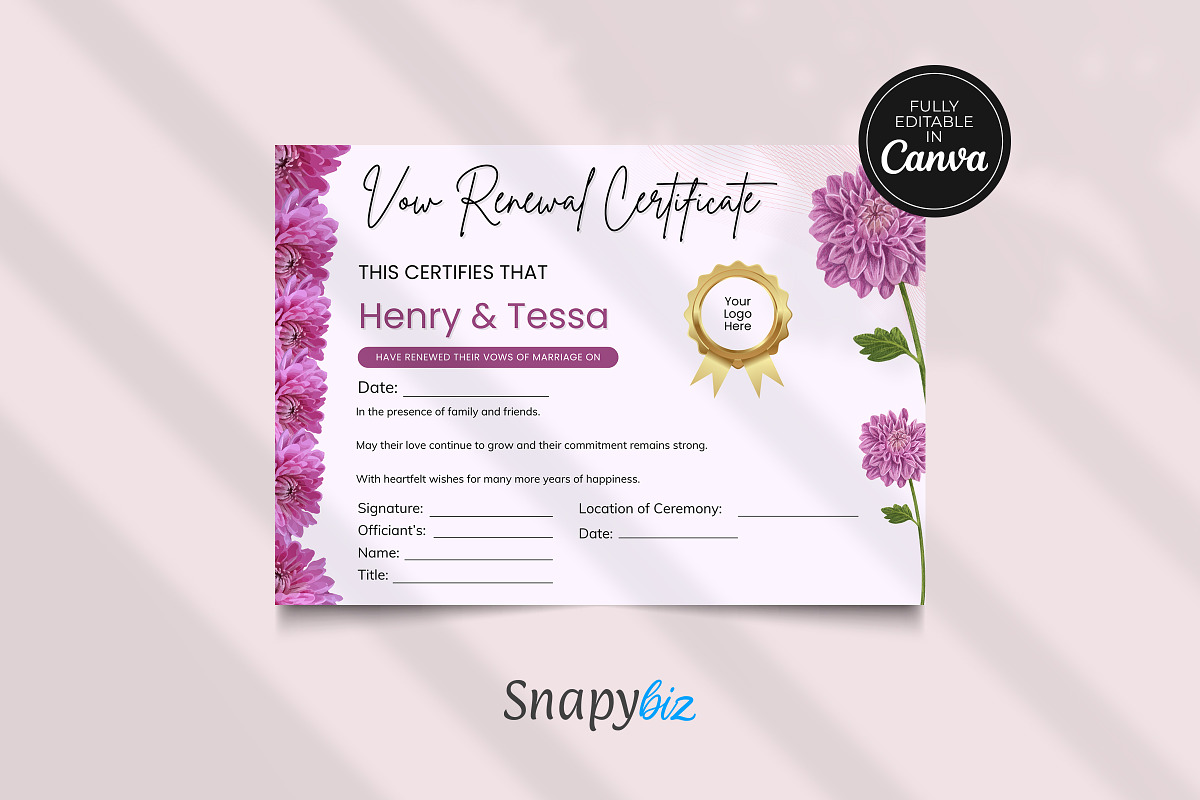 Vow Renewal Certificate Template, a Card Template by Snapybiz (Photo 3 of 10)