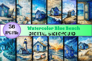 Watercolor Blue Beach Digital Papers, a Photo by Wow Magic