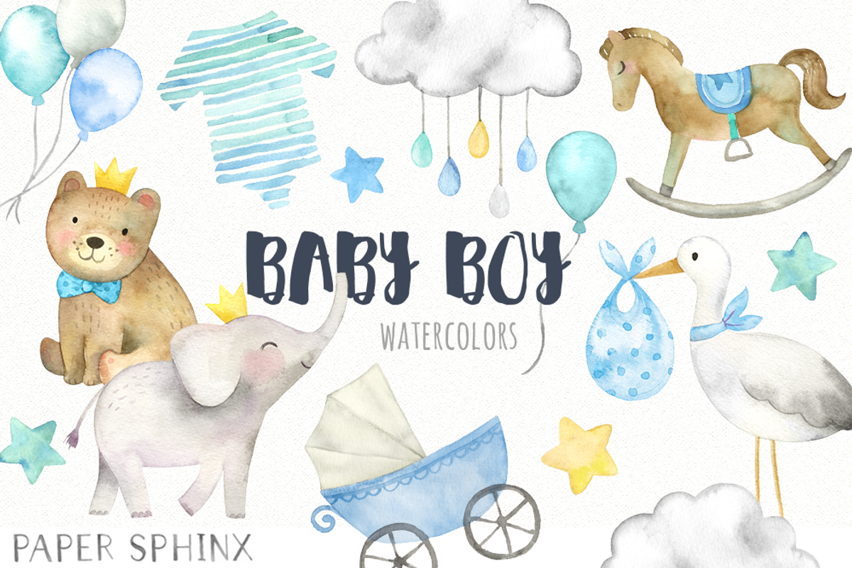 Watercolor Boy Baby Shower Pack, an Illustration by PaperSphinx (Photo 1 of 2)