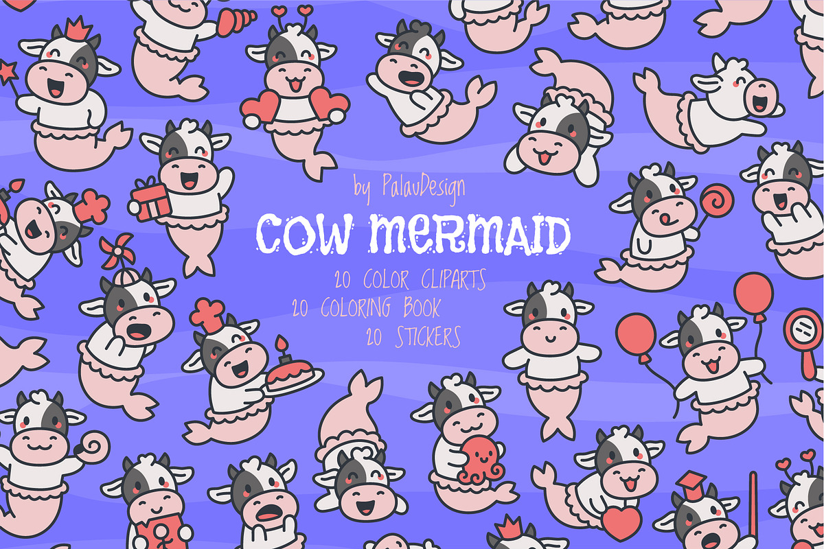 Cute Kawaii Cow Mermaid Character, an Animal Illustration by Palau (Photo 1 of 12)