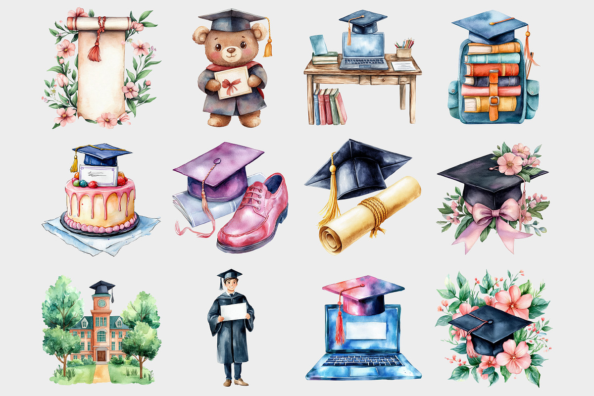 Watercolor Graduation Clipart, a Seasonal Illustration by Design Market (Photo 3 of 5)