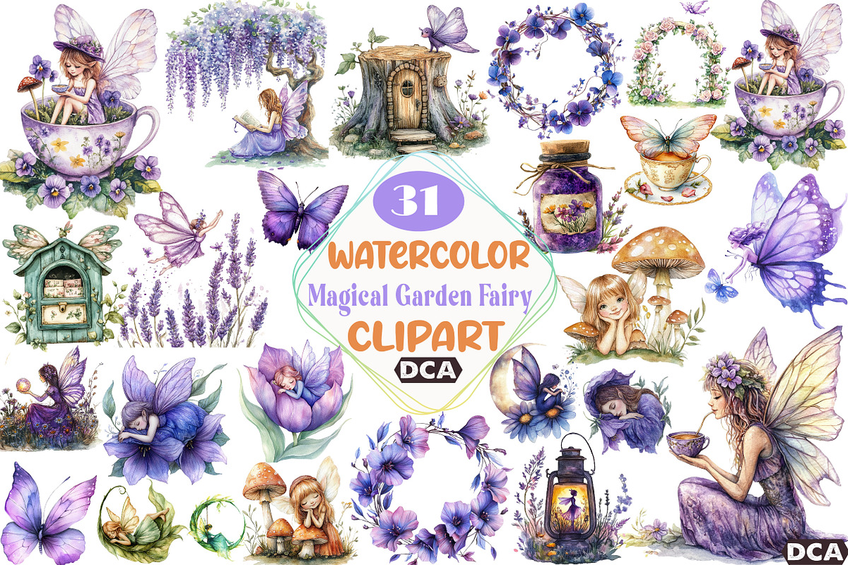 Magical Garden & Purple Fairy Clipar, an Illustration by DreamCafeArt (Photo 1 of 5)
