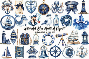 Watercolor Blue Nautical Clipart, an Illustration by Libby Wishes