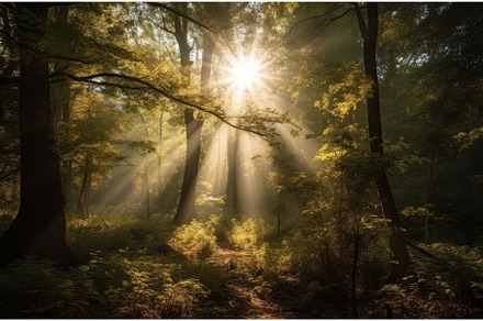 Forest sun rays. Generate Ai, a Nature Photo by Ylivdesign