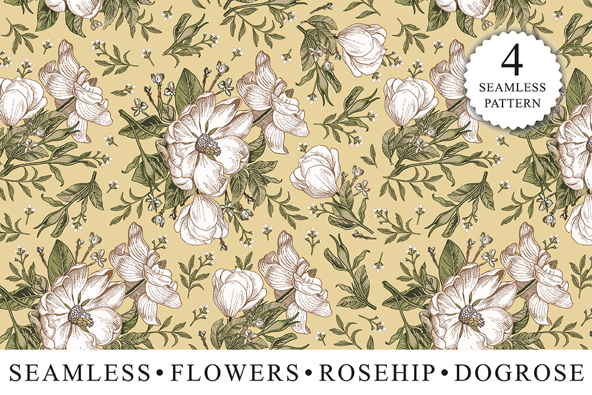 Set Seamless Flowers Dogrose Pattern, a Pattern Graphic by Vintage (Photo 1 of 8)