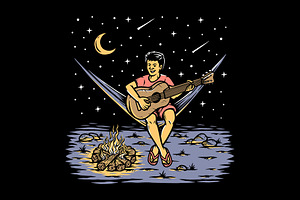 Man playing guitar under the stars, a Person Illustration by gunaonedesign